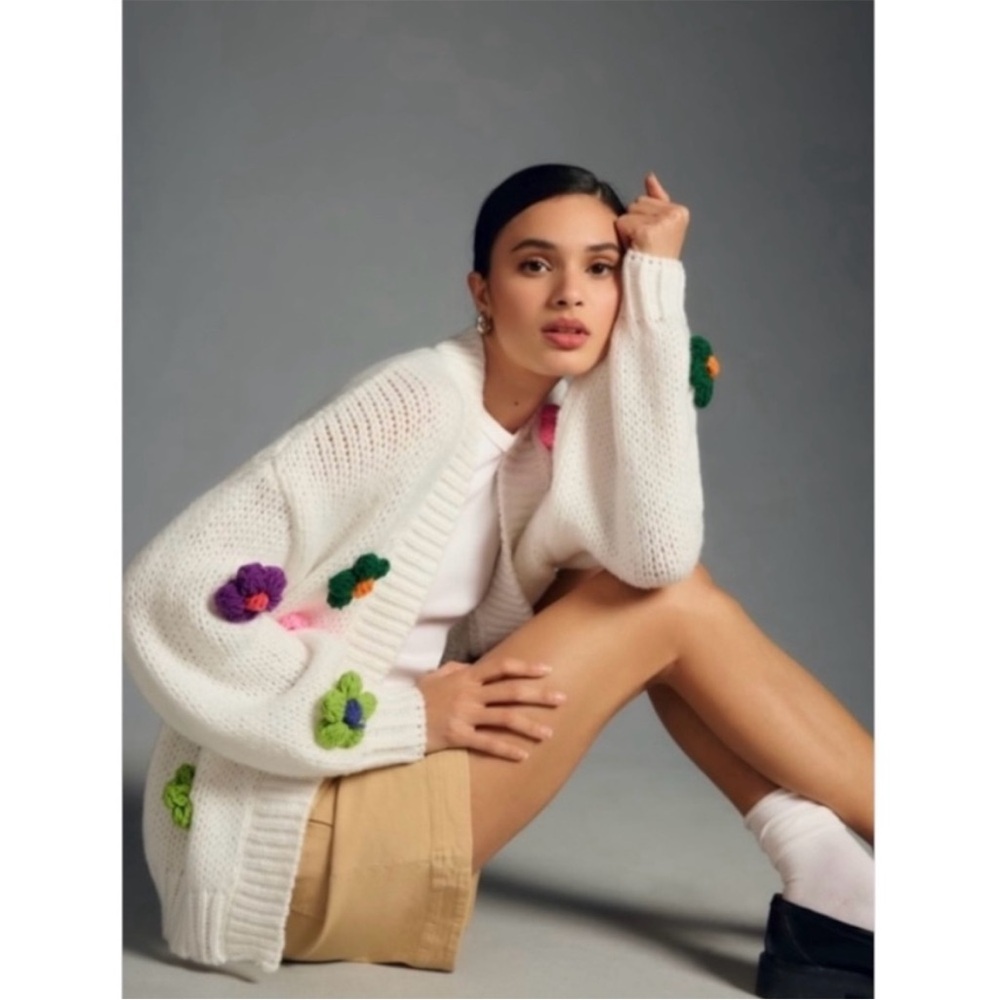 Maeve Anthropologie Susannah 3D Daisy Knitted Cardigan Sweater Boho One Size